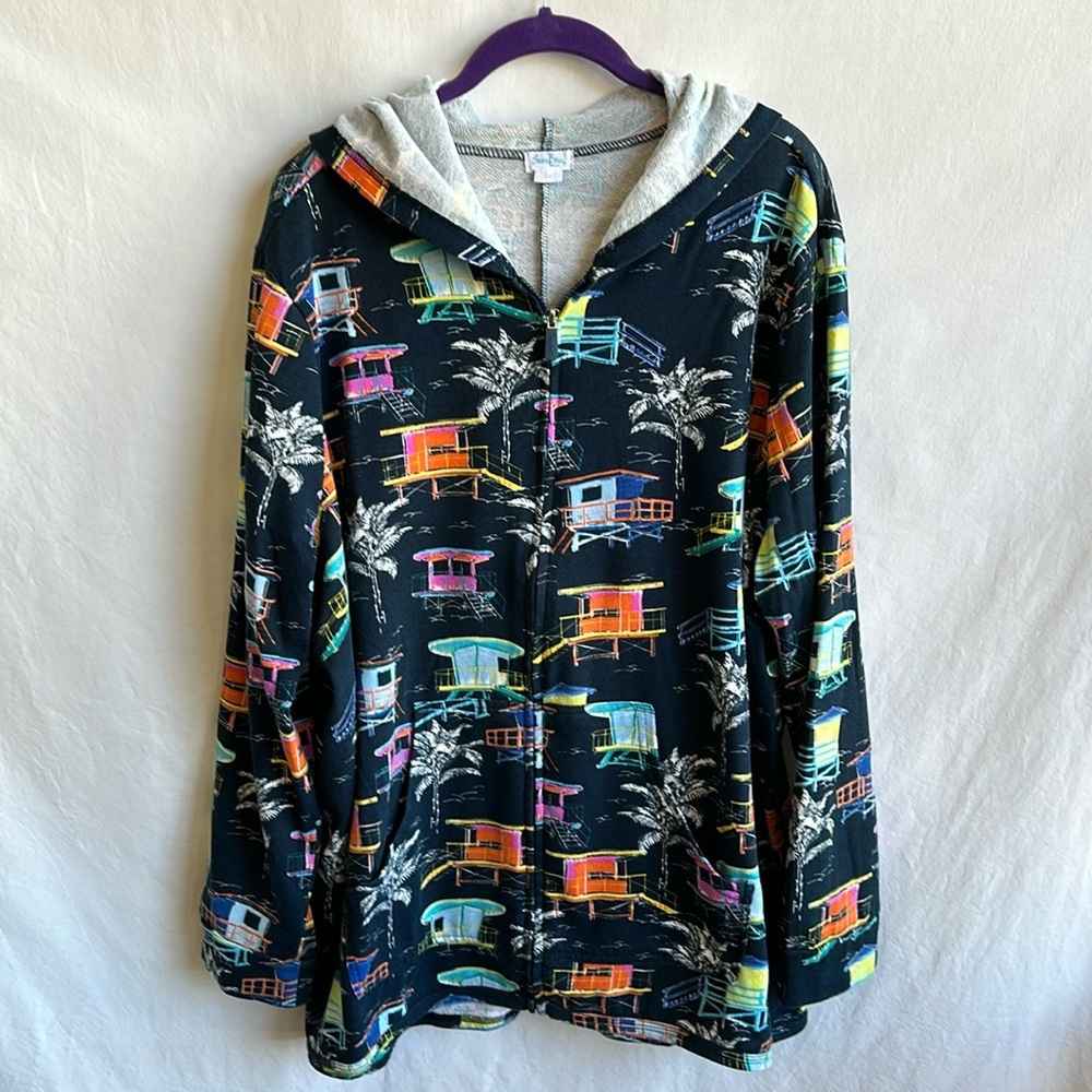 Sun Bay navy beach house colorful print zip-up hoodie/beach coverup, size 2X